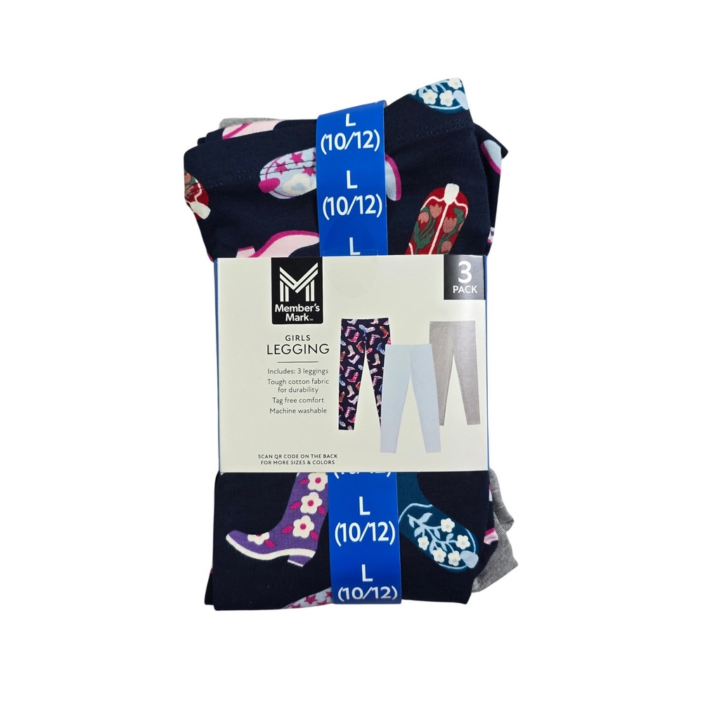 Member's Mark Leggings Girls L (10/12) Navy Cowboy Boots Gray Blue 3 Pack New